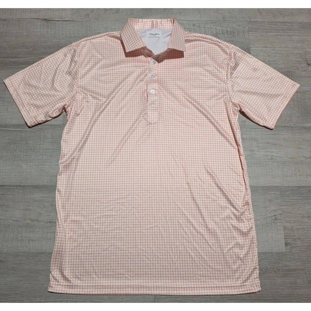 Collars and Co Men's Dress Collar Stretch Polo Shirt Sz L Orange White Gingham